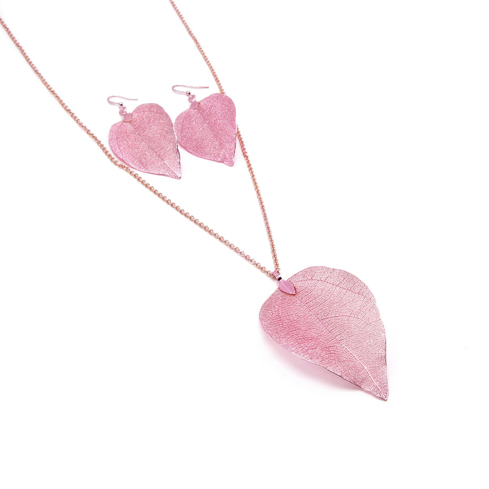 Real Leaf Necklace and Earring Set (Pink)