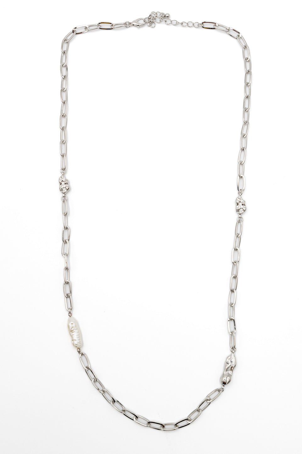 Long Faux Pearl Silver Link Necklace