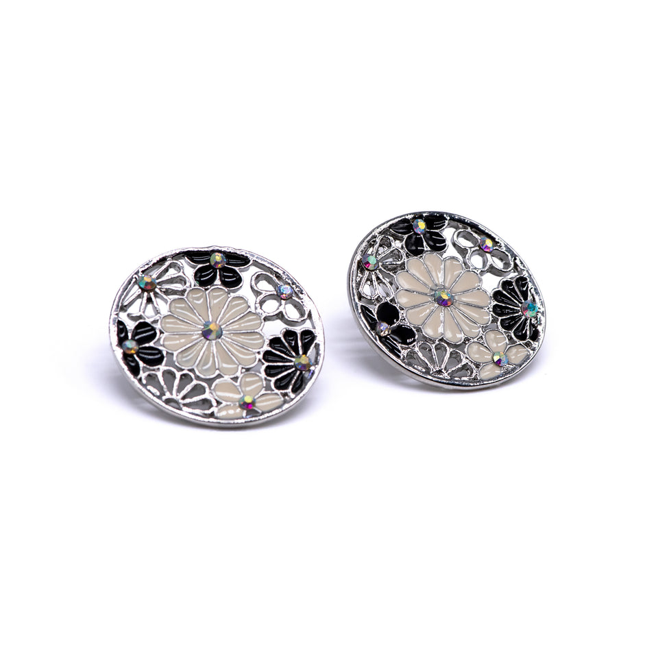 Black and White Floral Enamel Earrings