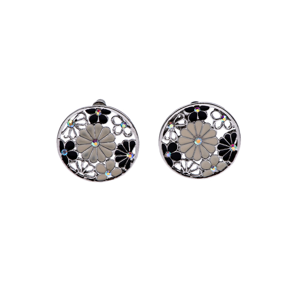 Black and White Floral Enamel Earrings