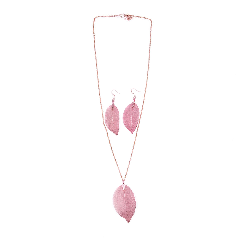 Real Leaf Necklace and Earring Set (Pink)