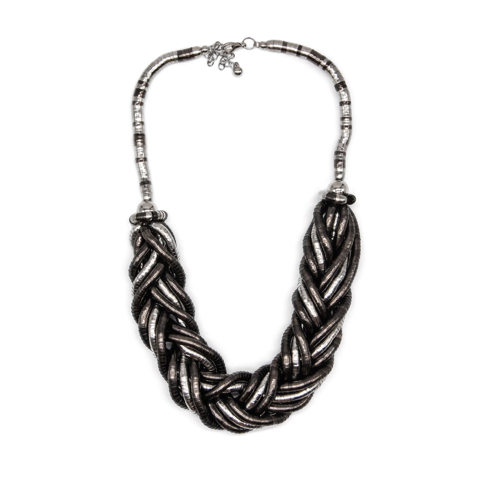 Hand-Braided Metal Cap Necklace (Silver & Hematite)