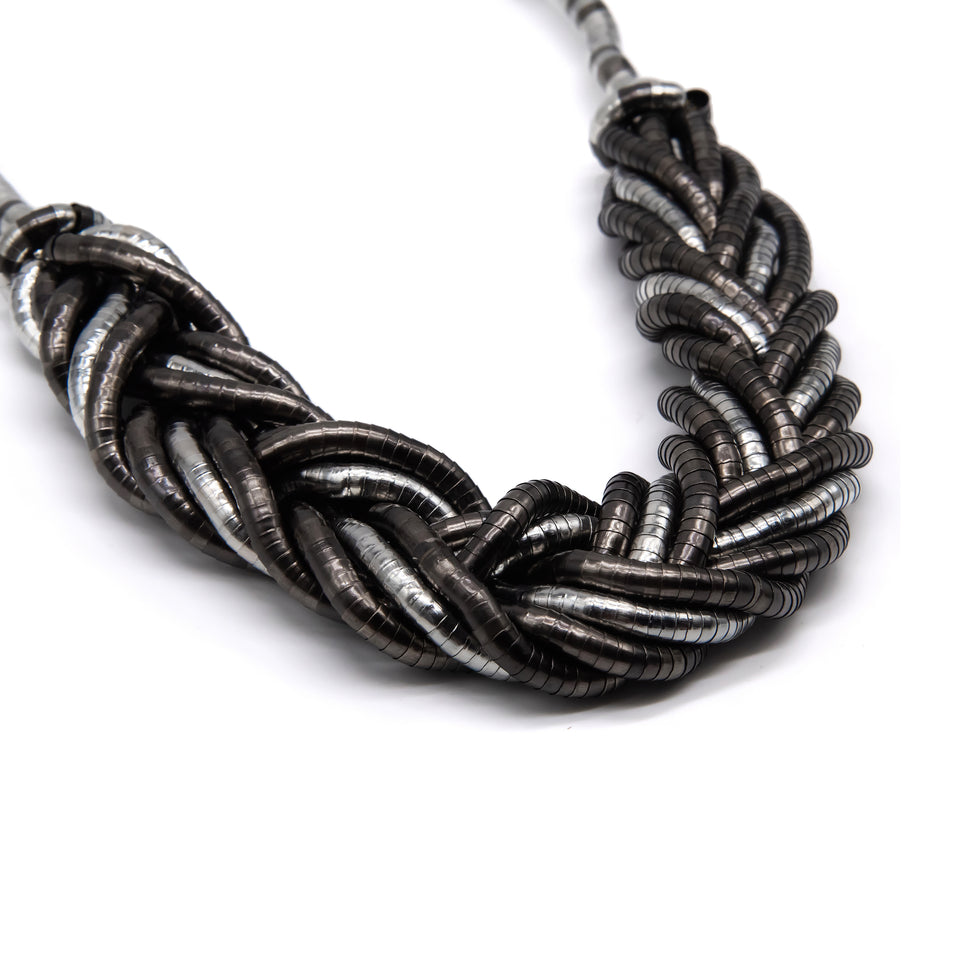 Hand-Braided Metal Cap Necklace (Silver & Hematite)