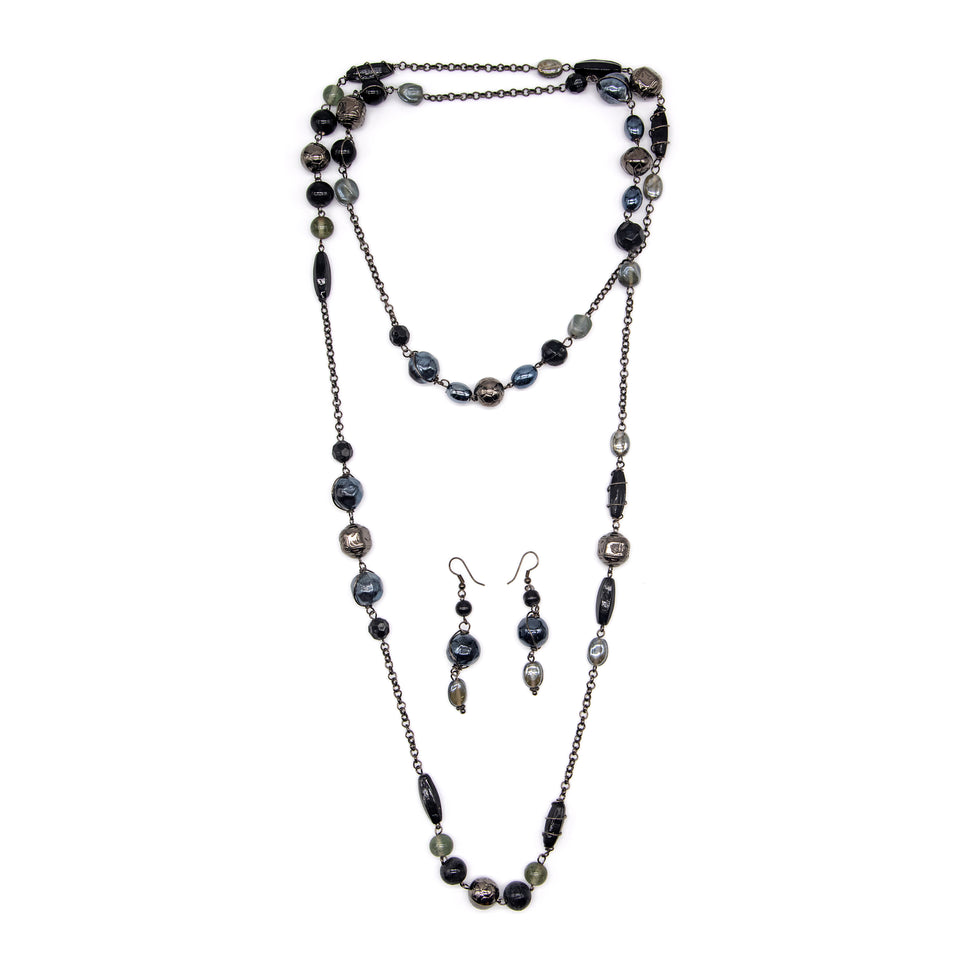 Long Handmade Black & Gray Bead Set