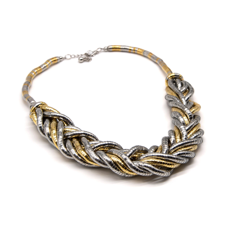 Hand-Braided Metal Cap Necklace (Silver & Gold)